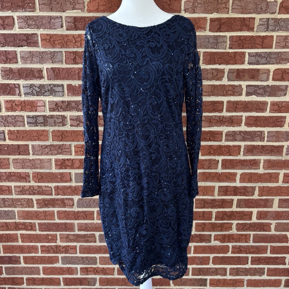 Marina Dress‎ Sequined Lace Cocktail Wedding Party Womens 10 Navy Evening